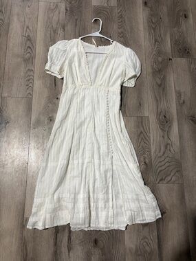 Free People Cream Midi Dress with V-Neck and Puff Sleeves